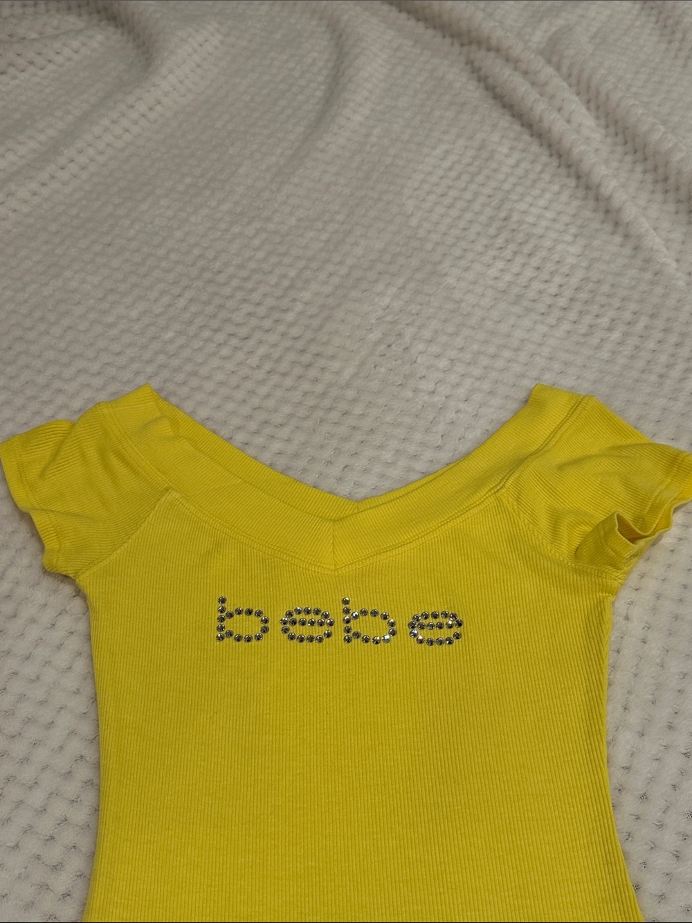 bebe Bright Yellow Rhinestone Logo Ribbed Top - Picture 2 of 5